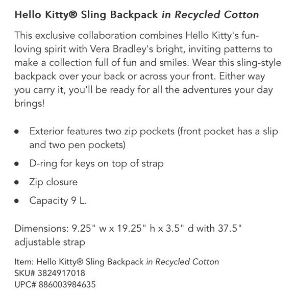 🎀 NWT Vera Bradley x Hello Kitty 🎀 Limited Edition Sling Backpack - Picture 4 of 9